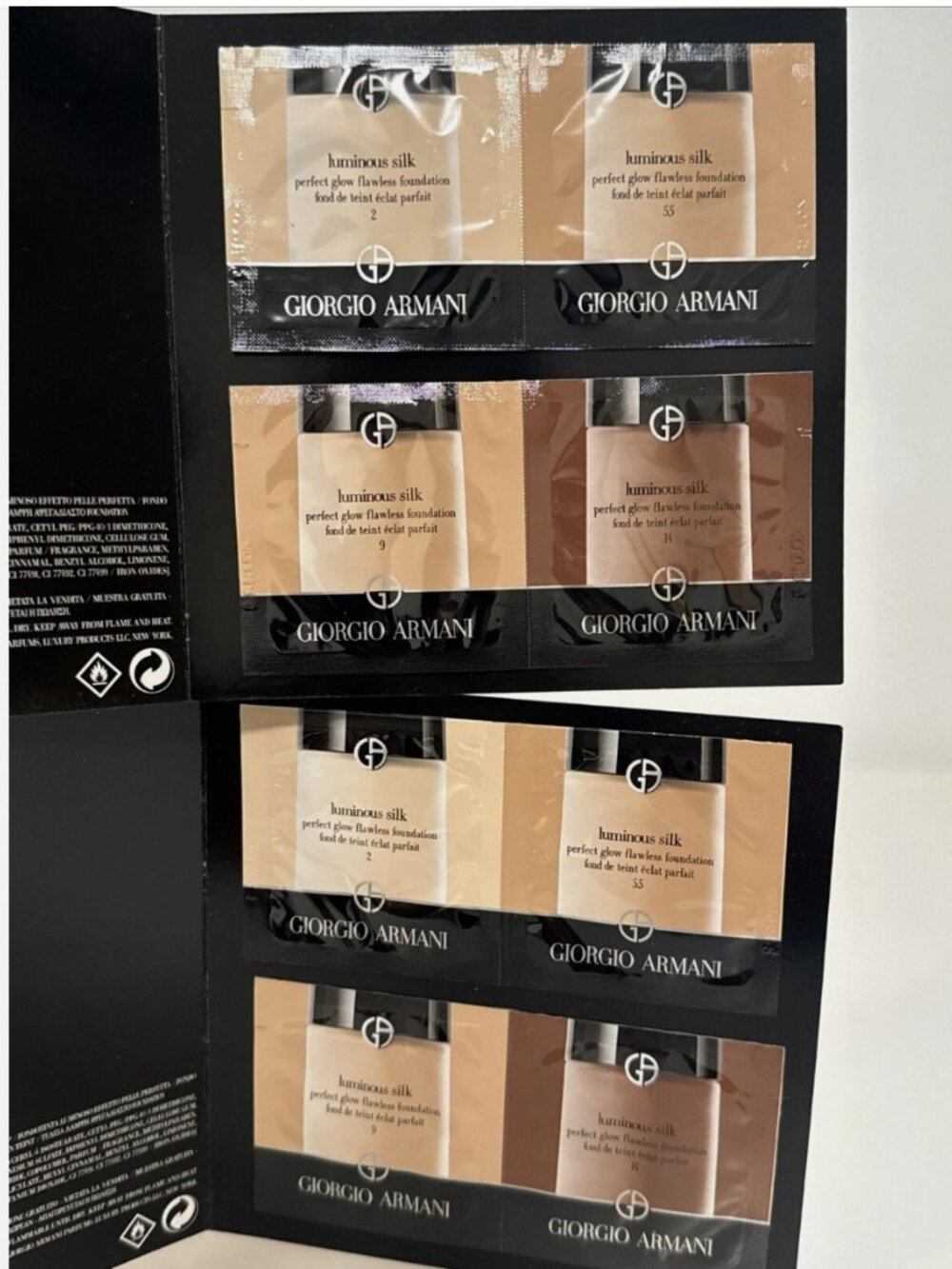 ARMANI Luminous Silk Foundation 2 • 5.5 • 9 • 14 -  2 Cards w/ 4 Sample Packets